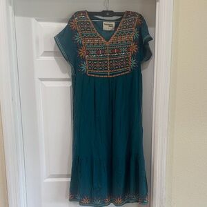 Savanna Jane Teal Embroidered VNeck Short Sleeve Lined Boho Dress Sz S NWOT
